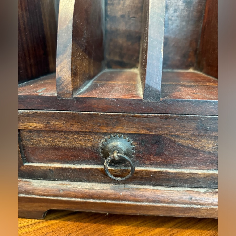 VINTAGE OLD RARE HANDMADE WOODEN LETTER / CARD RACK HOLDER WITH DRAWER 12.75” - Picture 2 of 13